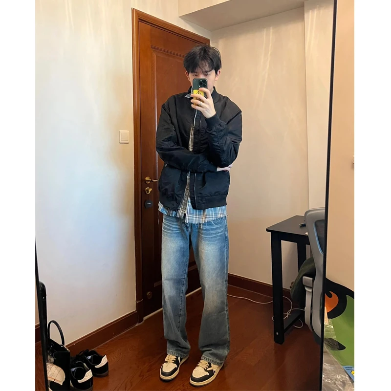 

Retro American Blue Denim Jeans Men's Spring Autumn Loose Straight Leg Pants High Street OOTD Water Waed Vintage Jeans
