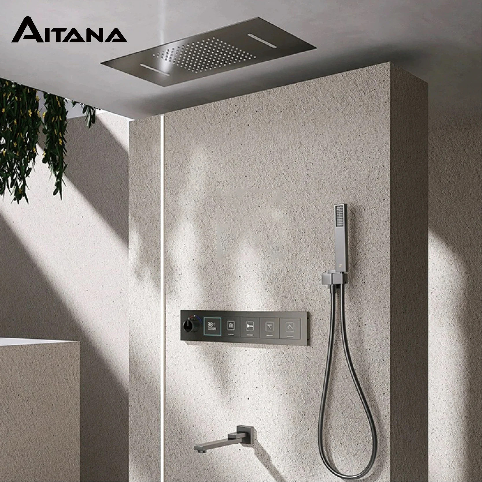 Luxury brass shower system with ceiling design, cold and hot LED digital display, constant temperature bathroom, hidden faucet