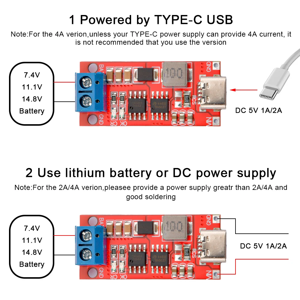 Type-C USB 2S 3S 4S  To 8.4V 12.6V 16.8V Step-Up Boost LiPo Polymer Li-Ion Charger 7.4V 11.1V 14.8V 18650 Lithium Battery