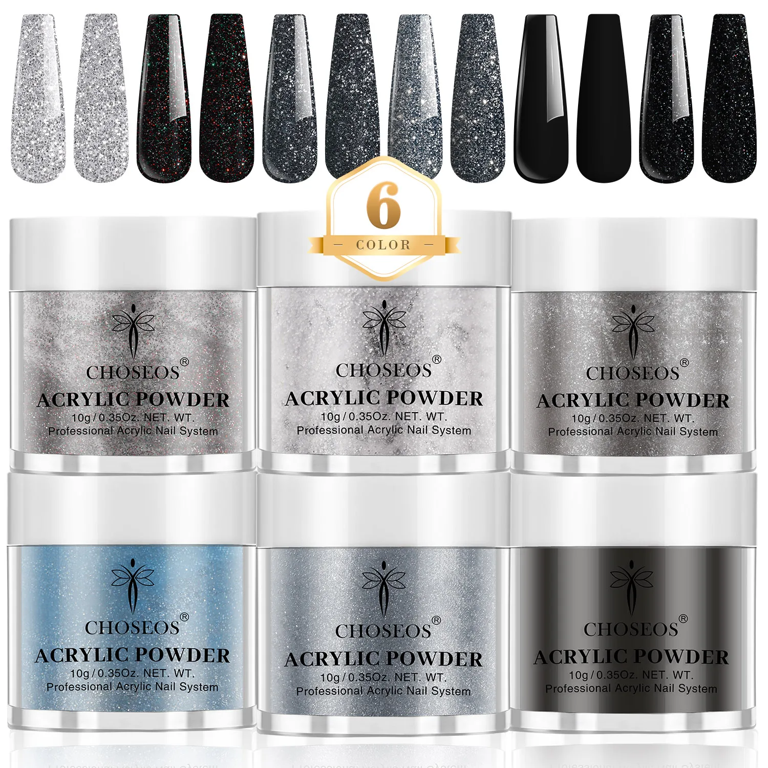 6‑Color Black Silver Glitter Acrylic Nail Powder Set, Professional Nail Tech Supplies, Edgy Solid Black & Sparkly Silver Glitter Nail Art Tones, 10g/0.35oz, No Curing Light, DIY Nail Extension, Halloween Christmas Holiday Manicure Gift for Women