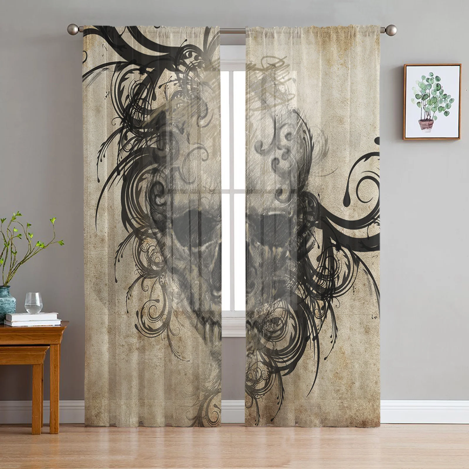 Tattoo Art Skull Vintage Halloween Sheer Curtains for Living Room Decoration Window Curtains Kitchen Tulle Voile Curtains