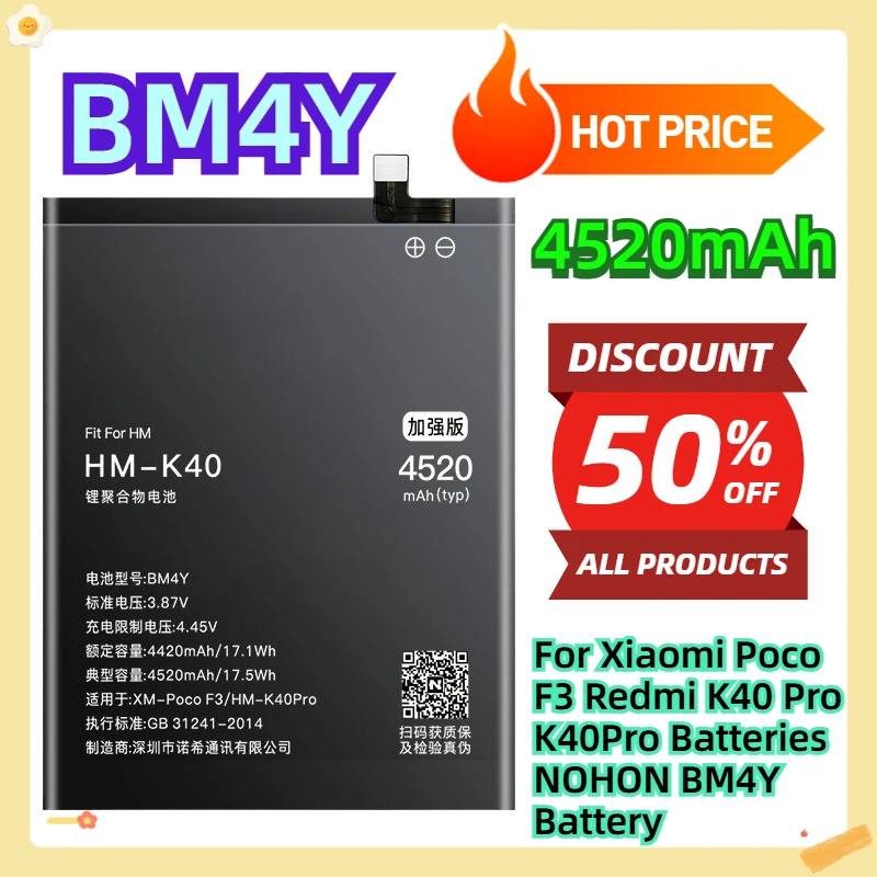 For Xiaomi Poco F3 Redmi K40 Pro K40Pro Batteries NOHON BM4Y Battery 4520mAh