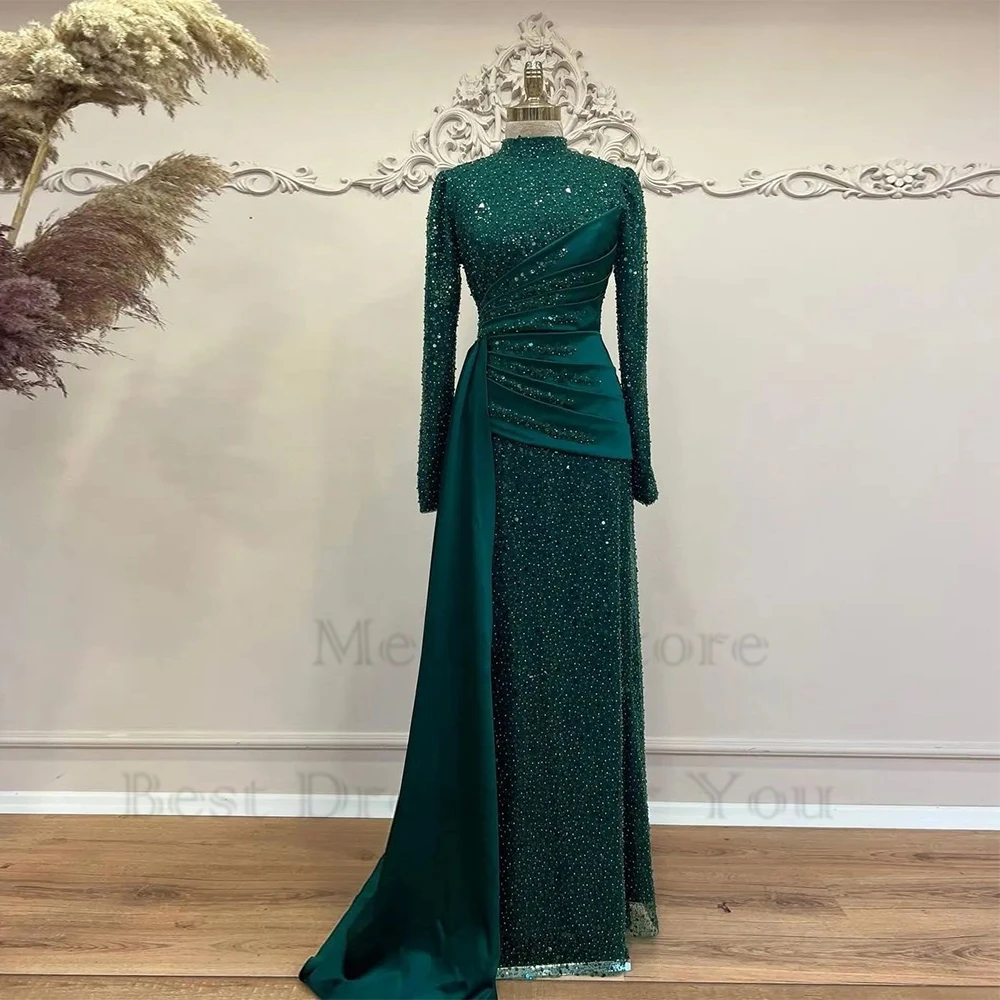 

Green High Neck Full Sleeve Evening Dresses for Women Real Picture Sequined 2023 Court Train New Prom Gowns Vestido De Noche