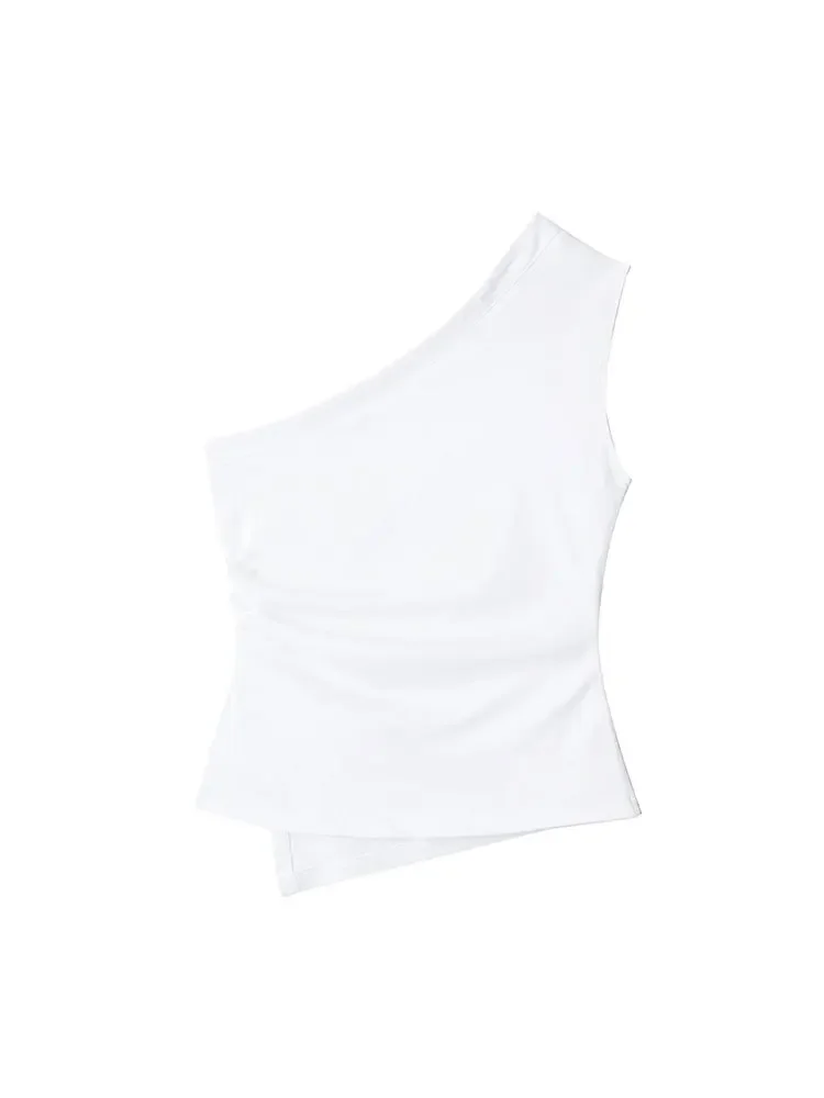 Nlzgmsj TRAF Off Shoulder White Top Women Asymmetric Ruched Crop Tops Woman Sleeveless Summer Blouses Streetwear Corset Tank Top