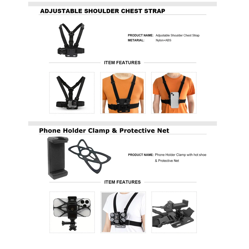 Universal Smartphone Chest Strap Harness Mount  POV Video Mount Adjustable for Phone Gopro 12 Insta360 X3 DJI Outdoor Adventures