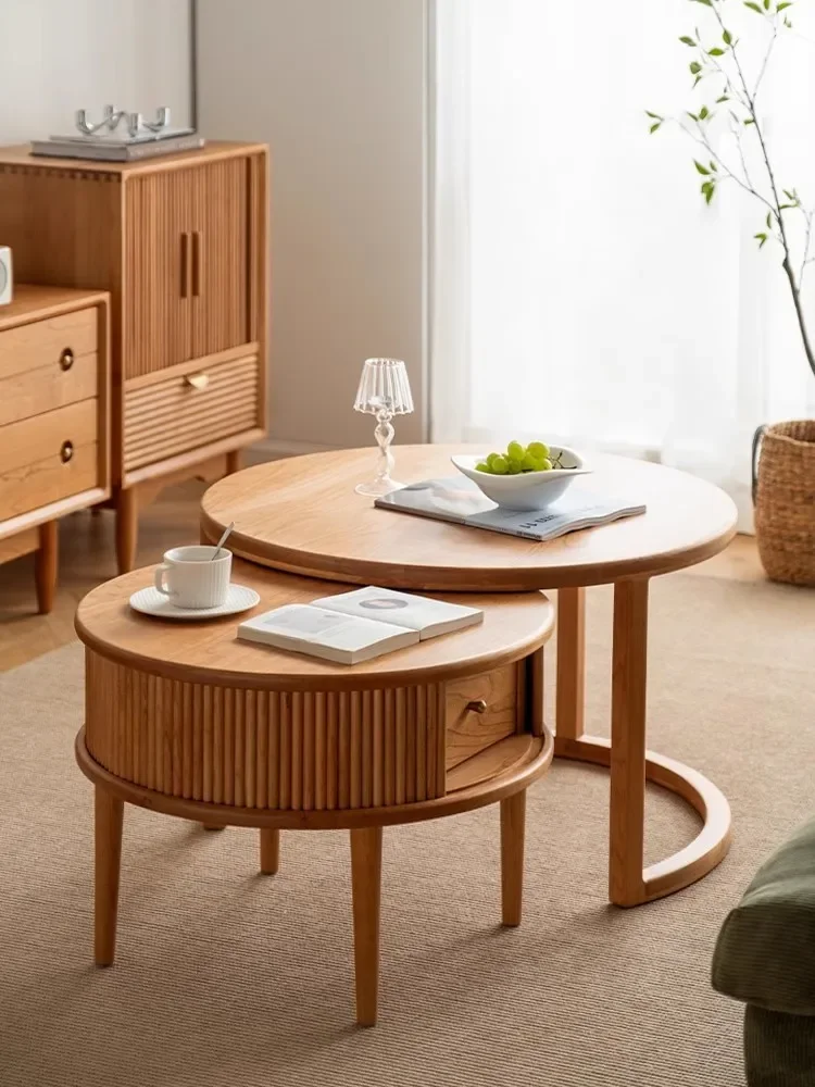 طاولة قهوة مستديرة من الخشب الصلب بالكامل من خشب الكرز، طاولة جانبية لأثاث شقة صغيرة حديثة وبسيطة #5