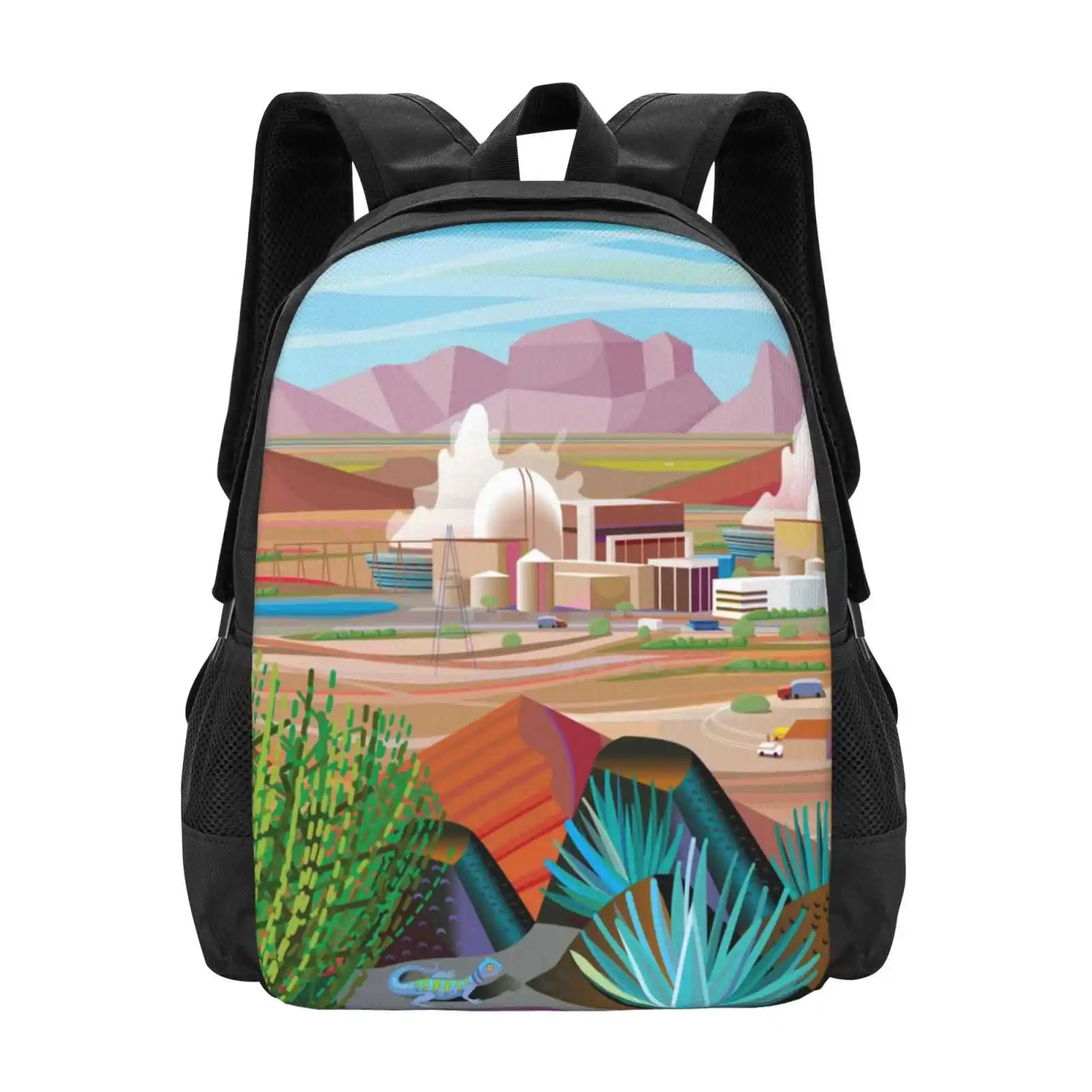 Power Plant In The Desert Hot Sale Schoolbag Backpack Fashion Bags Nuclear Power Plant Desert Arizona Cactus Landscape Lizard