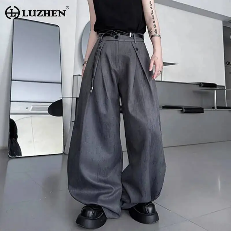 

LUZHEN Design Leg Fold Buttoned Loose Wide Decorate Patchwork Casual Pants Men's 2026 Solid Color Handsome Male Trousers JY7336