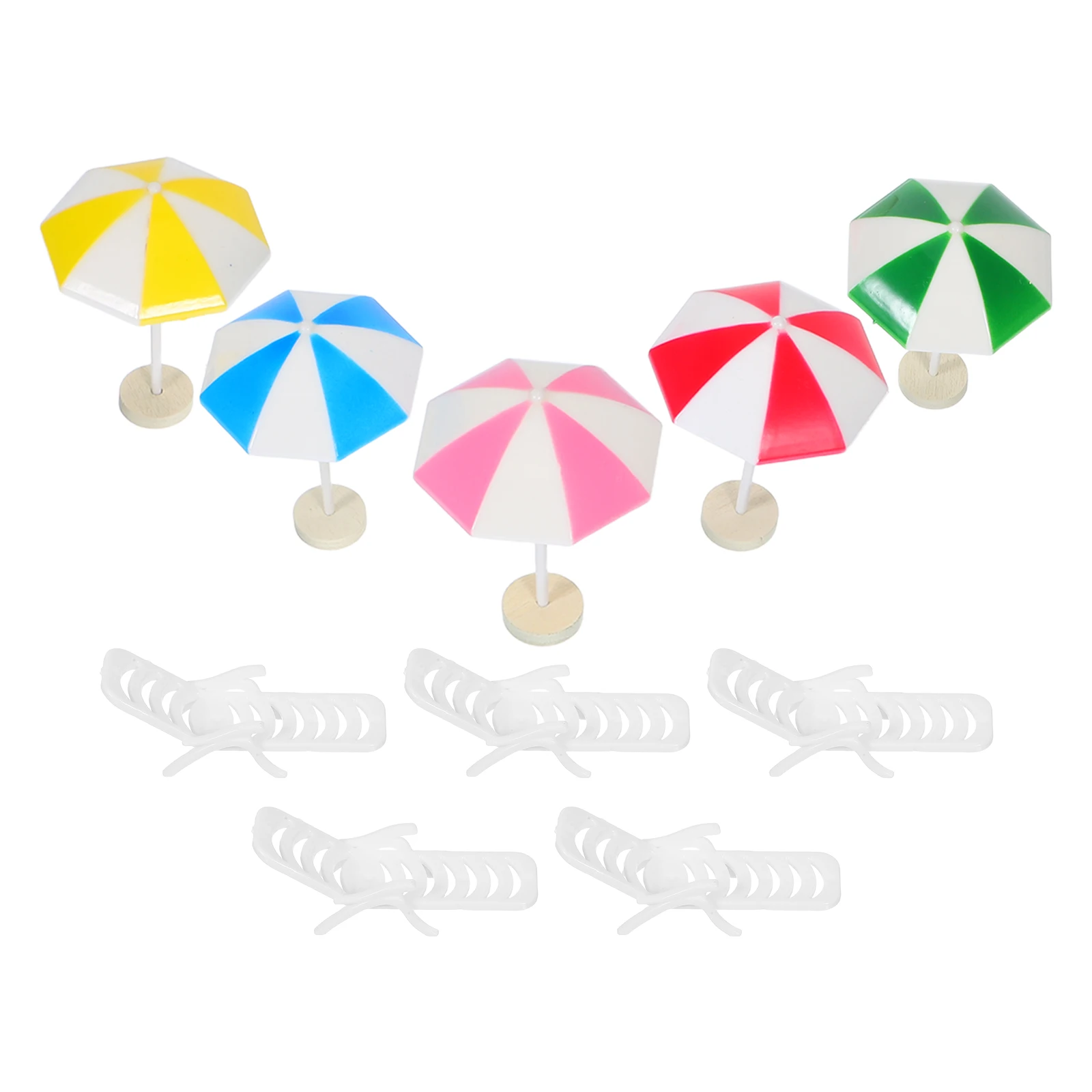 5er-Set Mini-Strandschirme, 5 Sets, Miniaturen, Basteln, Puppenhaus, Meer, kleiner Sonnenschirm, Gartenfotografie-Requisiten, Spielzeug, Möbel