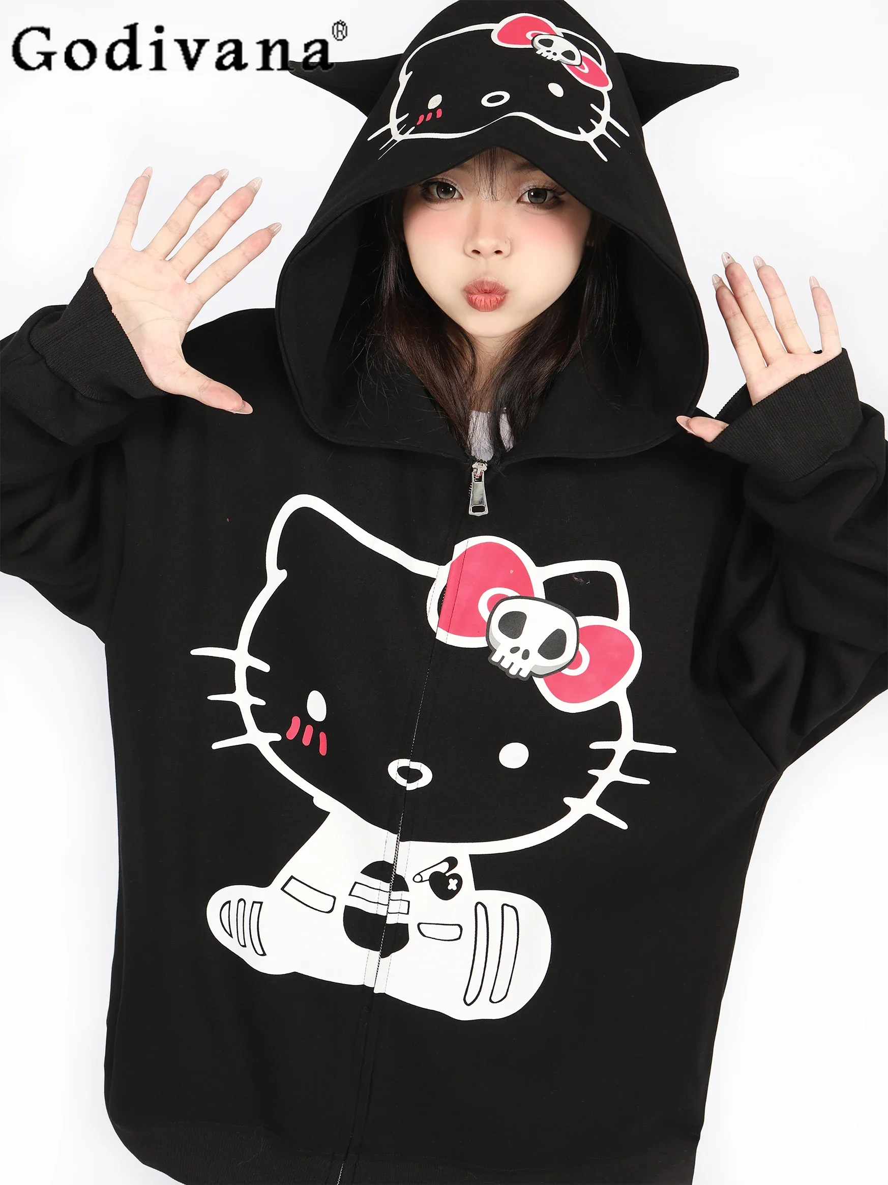 

College Student American Vintage Cartoon Print Hooded Cardigan Female Girl Weet Kawaii Autumn Winter New Fashion White Hoodies