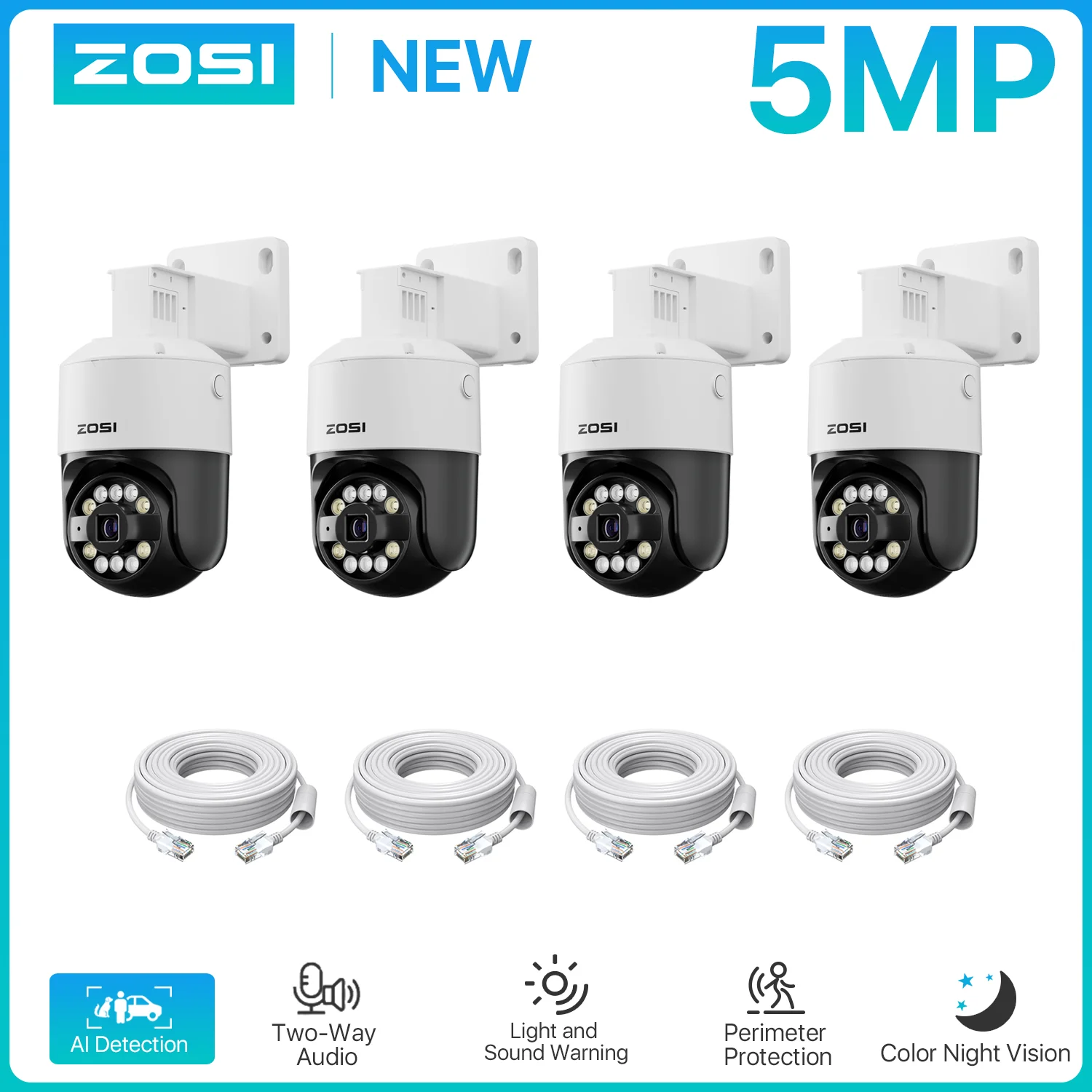 ZOSI 5MP PTZ PoE kamera tambahan untuk sistem kamera keamanan, berfungsi dengan ZOSI 8 Channel 16 Channel PoE CCTV NVR