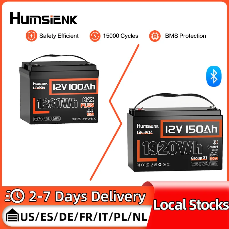 حزم بطارية ليثيوم Humsienk 12 فولت 100 أمبير/150 أمبير LiFePO4 15000+ دورات للمركبات الترفيهية والتخييم وتخزين الطاقة المنزلية أو الخارجية