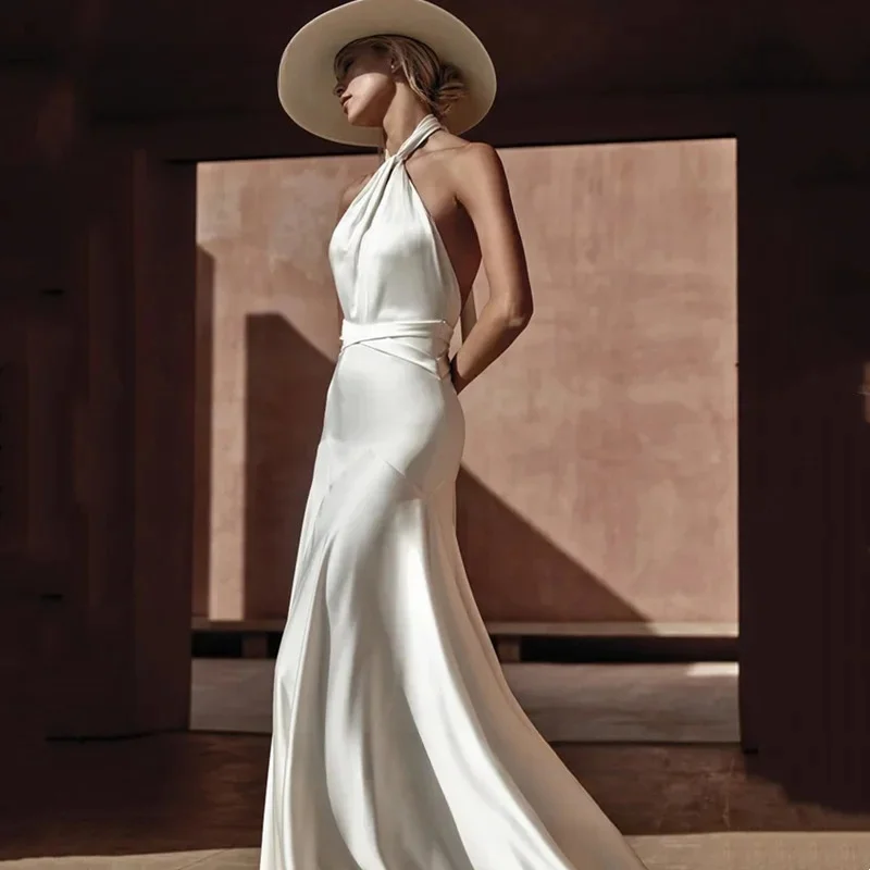 Vestido De Noiva For Boho Satin Ivory Long Wedding Dress Sexy Open Back Sleeveless Halter Bridal Gown Elegant Sweep Train Civil