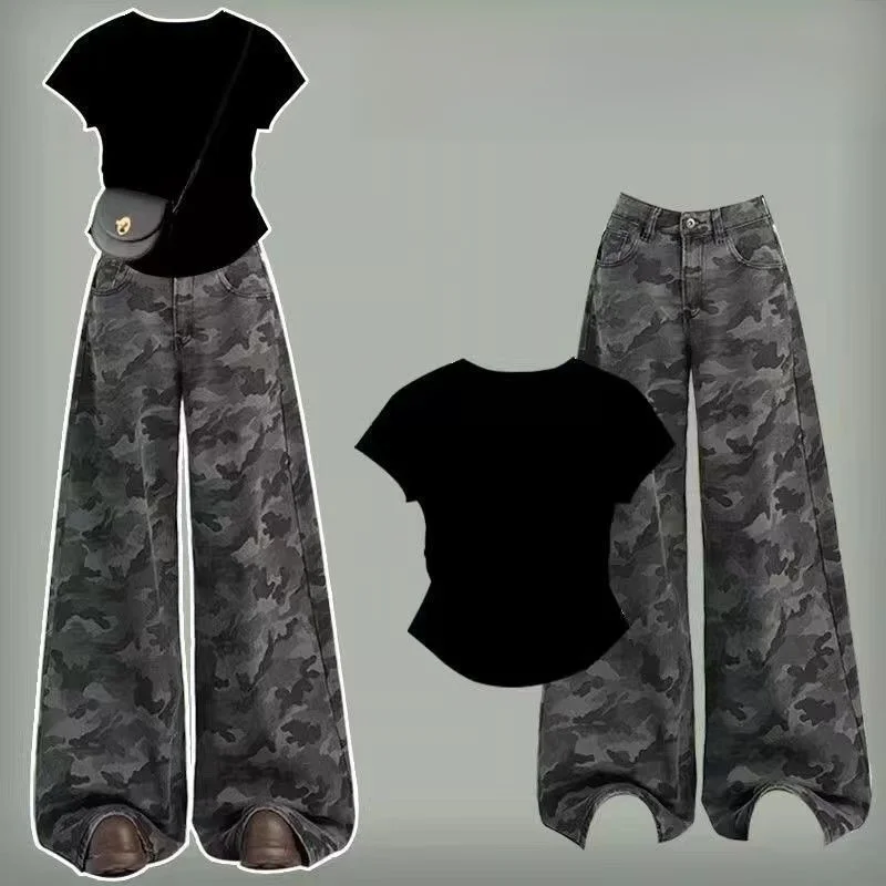 

Американские ретро-джинсы в камуфляжном стиле для женщин: повседневные, с высокой талией, свободного прямого кроя, широкие штанины, из хлопкового денима