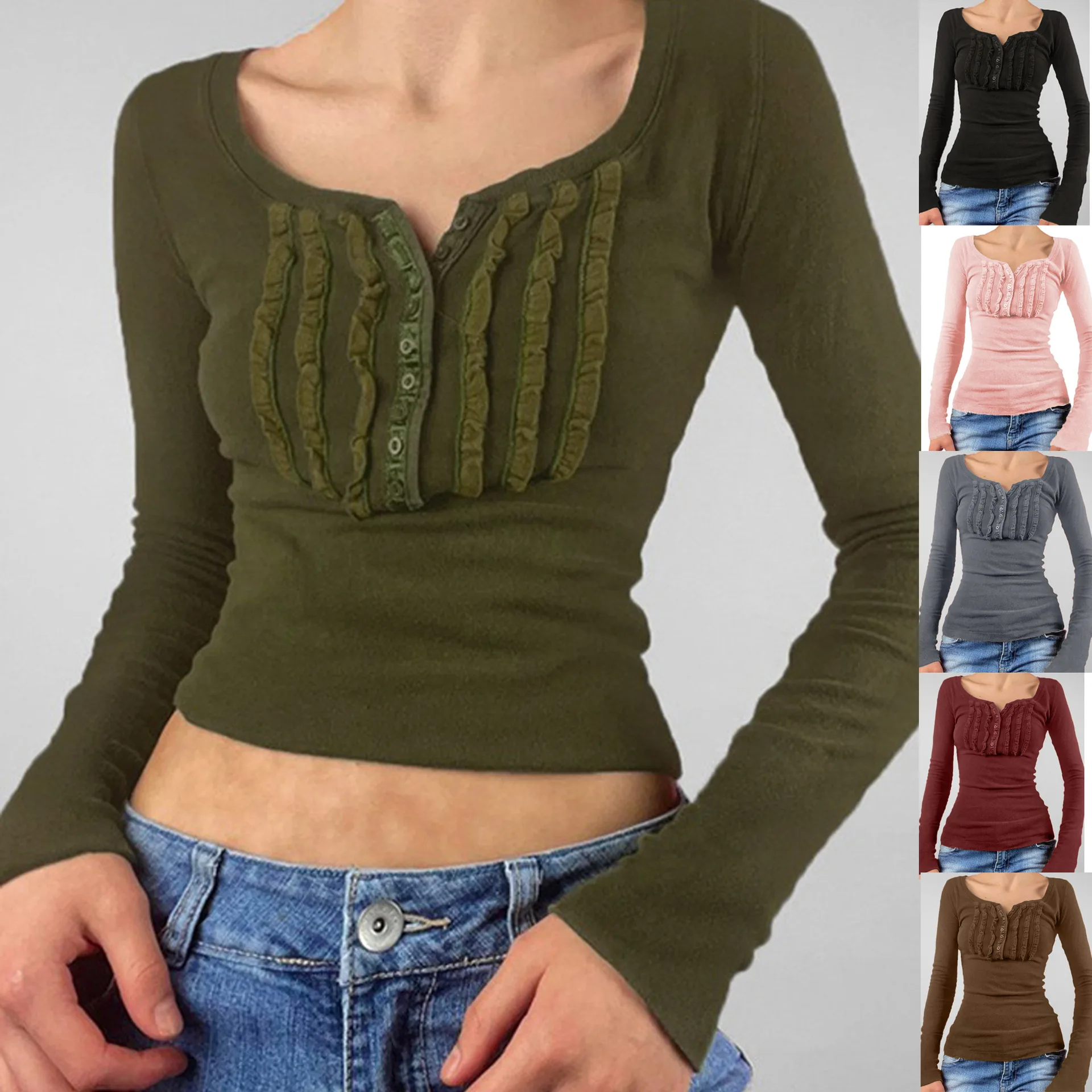 

Solid Color Pleated Square-neck Long-sleeve Cropped Slim Waist Sweet and Spicy Girl Top
