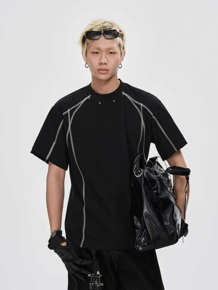 ブラックデコンストラクテッドスプライス半袖tシャツ-メンズ-ルーズカジュアルハーフスリーブサマー新作ヘビーウェイトアメリカンハイストリート