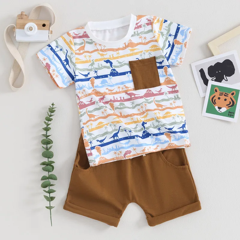 

Newborn Baby Boy Short Sets Summer Clothes Dinosaur Short Sleeve Pocket T-Shirt with Solid Color Shorts 2Pcs Baby Clothing