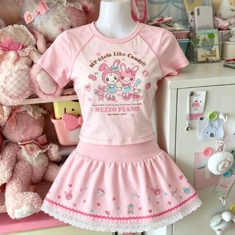 Ladies Cute Kawaii Vintage Y2K Crop Short Sleeve Tops Sweet Daily Street Tees Match Skirts Teen Girls Basic Simple Daily Outfits