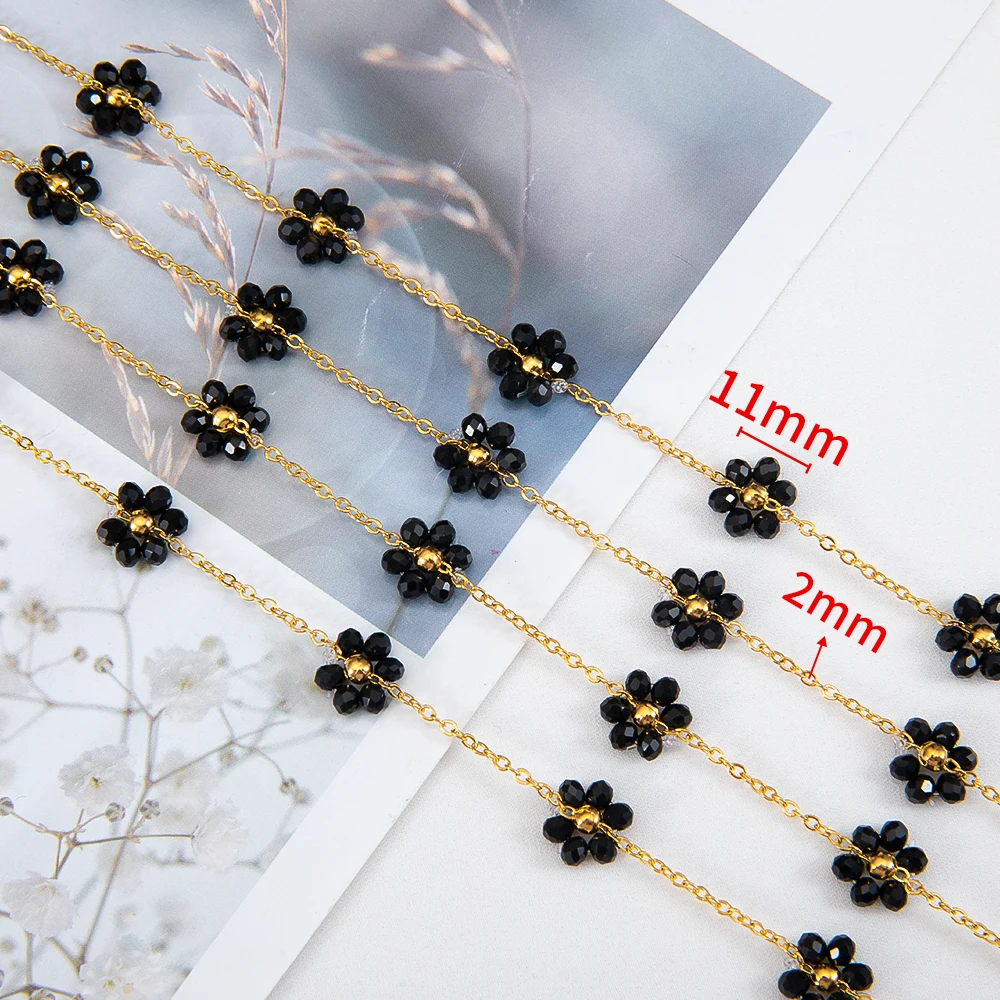 2Meters 1Meter Stainless Steel Black Crystal Flower Chains Natural Stone Beaded Chains for Necklace Earrings DIY Jewelry Making