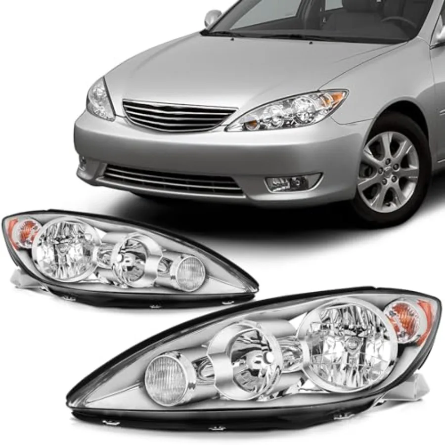 

Pair Headlight Assembly Compatible for Camry 2005-2006 Chrome Housing Amber Reflector Clear Lens TO2502155 TO2503155 Bulbs Not