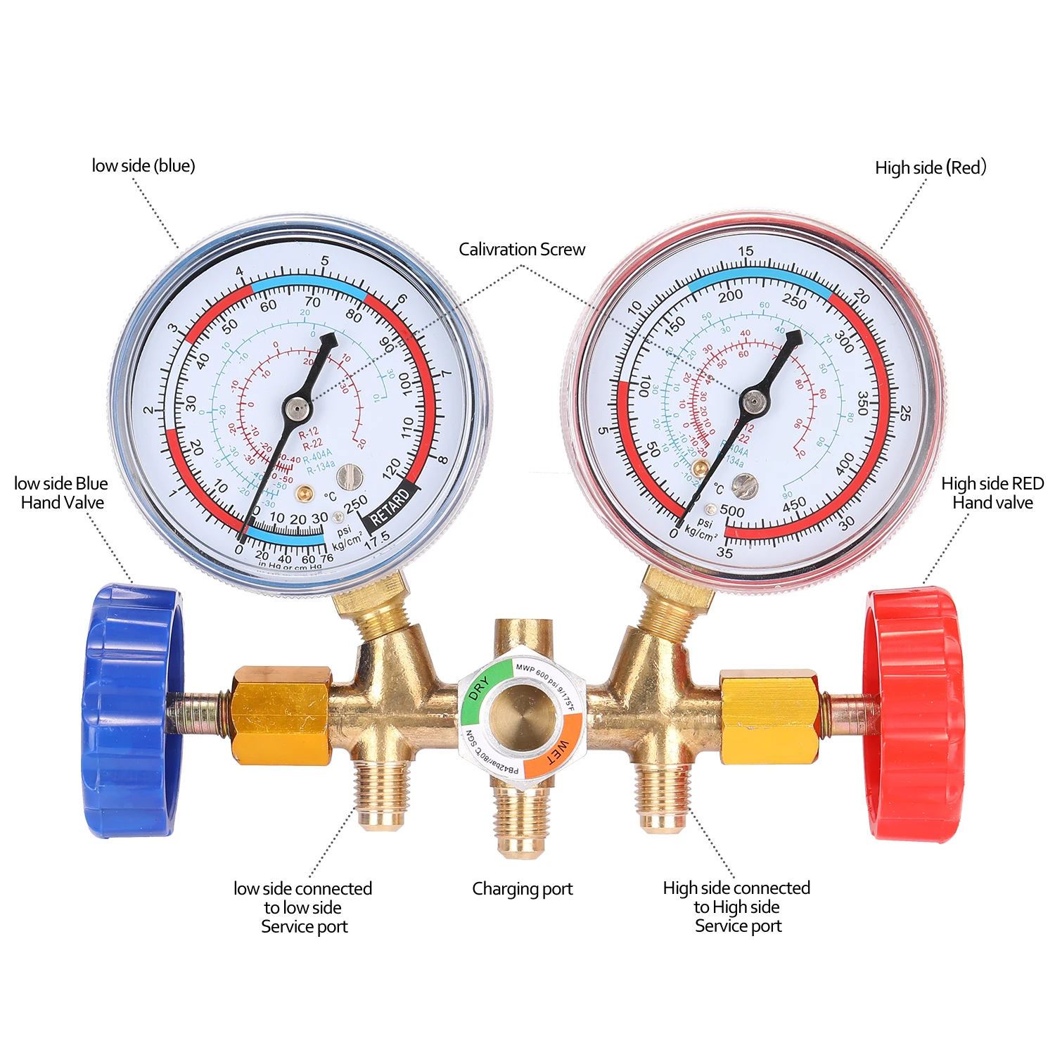 Freon Gauge Kältemittelanzeige 3-Wege-Diagnose-Verteilermessgerät-Set für Klimaanlagen mit 1/4 Zoll Gewindeschlauch für R134A R12 R22 R502