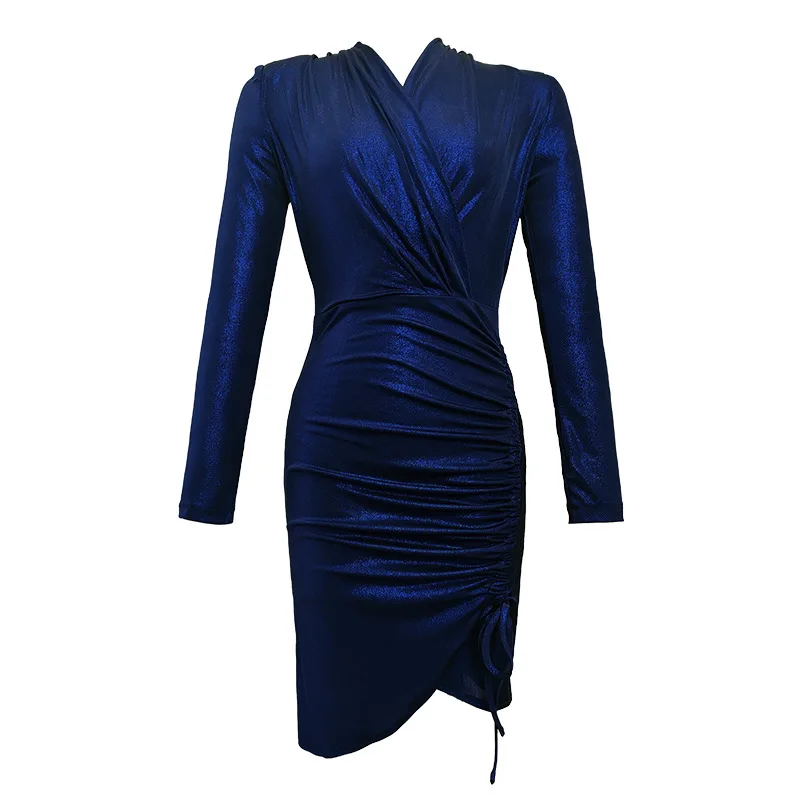 Elegant Fashion Sexy Dress Women Shiny Royal Blue Long Sleeve Draw String  Folds Bodycon Short Gown Party Bottom Club Vestidos - AliExpress 200000345