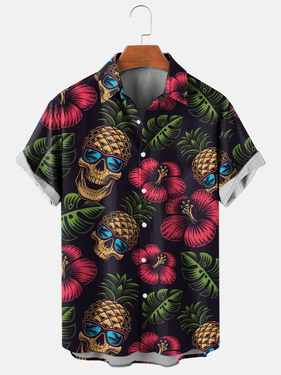 Camisas florales para hombre, ropa de calle con estampado 3D de calavera divertida, camisetas de manga corta, camisa hawaiana con solapa estampada, moda de verano