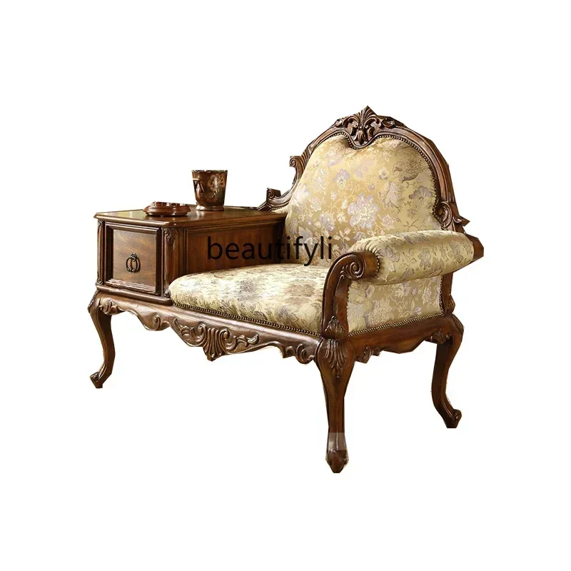 

LXFEuropean chaise longue American style, furniture solid wood bedroom sofa, fabric leisure, living room phone chairQSSS