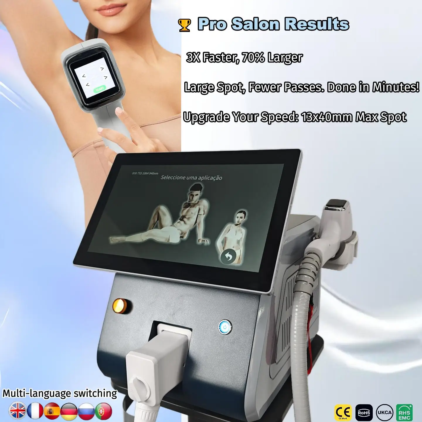 

Лазерный диодный аппарат для удаления волос с 60 миллионами импульсов, 4 длины волн, долгий срок службы, охлаждение Ice Cool, безболезненное и стойкое уменьшение волос для женщин