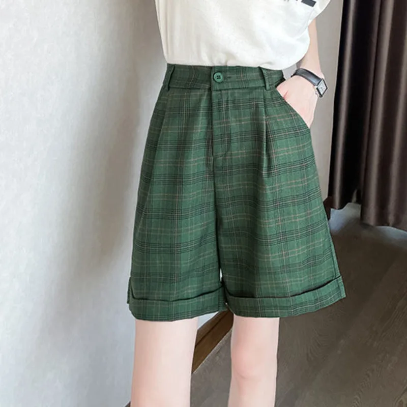 

Casual Green Checkered Shorts For Women Spring Summer Korean Style Fashion Loose Wide Leg Five Quarter Pants Trendy Clothes Y2k