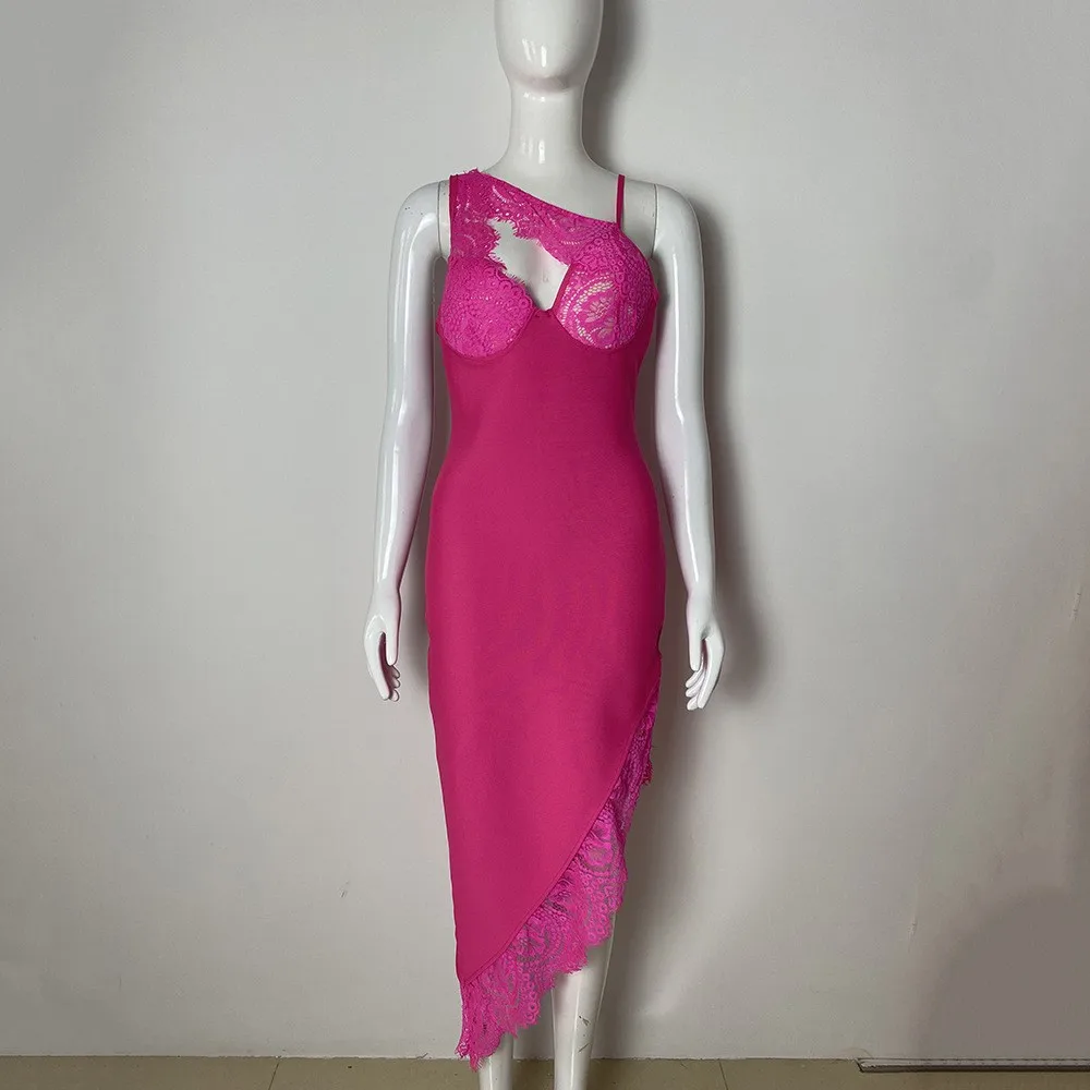 Vestido feminino de renda elegante bodycon Midi, roupa de luxo sexy, boate, festa noturna, vestidos de formatura, atadura, verão