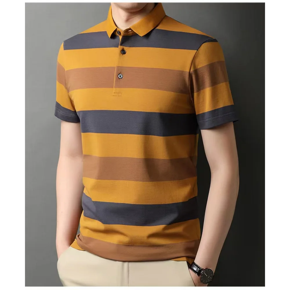 Men\'s Polo Shirts Korea Man Golf Shirts Summer Striped Print Button Clothing Business Style Male Streetwear Short Sleeve