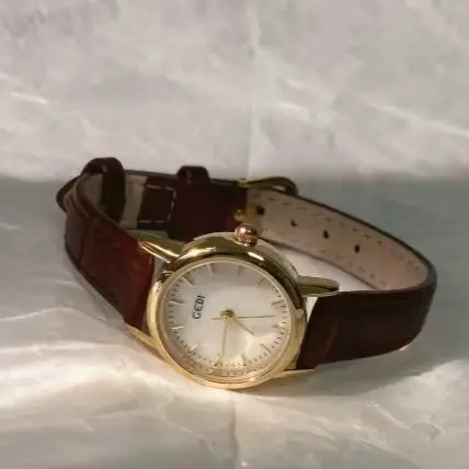 Minimalist Tiny Round Gold Dial Ladies Watch Retro Brown Leather Band Vintage Female Quartz Wrist Watch Office Dress Accessory