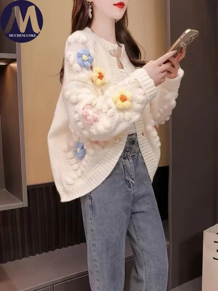 Cardigan for Women Autumn/Winter New Flower O Neck Knitted Sweaters Coats Korean Fashion Casual Loose Women's Sweater Cardigan