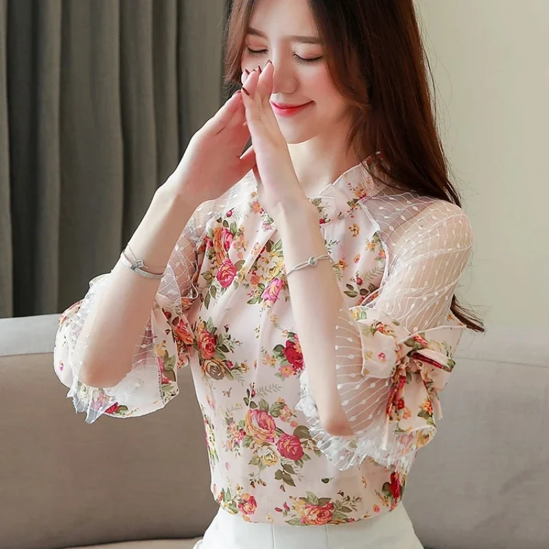 New Summer Chiffon Women Blouse Office Lady Elegant Floral Print Tops Fashion Short Sleeve Shirt Lace Mesh Clothes