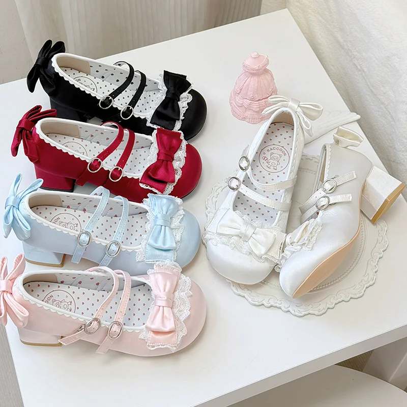 Redondo frey salto médio cetim bonito japonês cabeça redonda sapatos japonês doce menina chá festa lolita sapatos