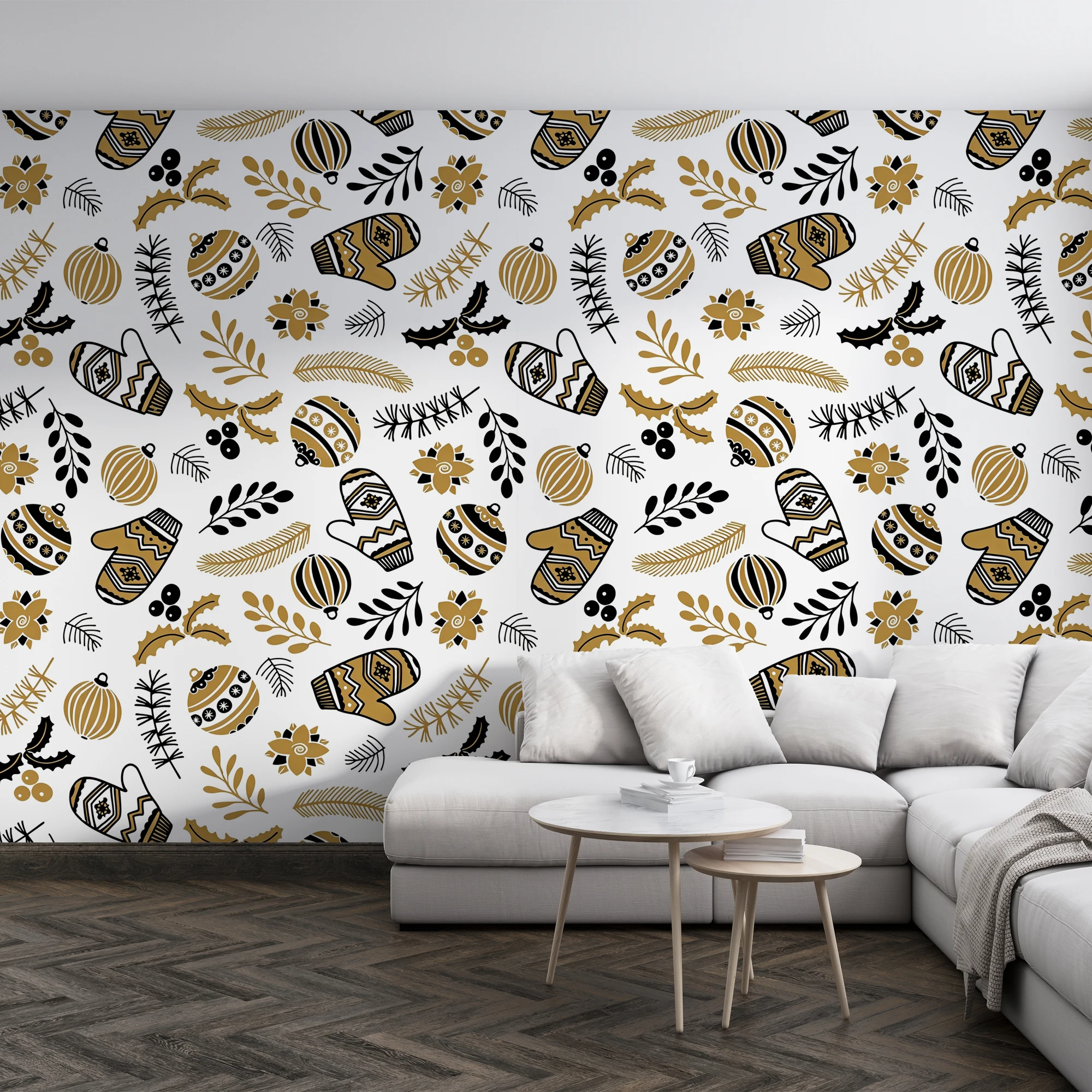 Custom Mural Wallpaper Black Gold Christmas Pattern Peel And Stick Wall Mural Xmas Bauble Glove Holly Holiday Home Wall Decor