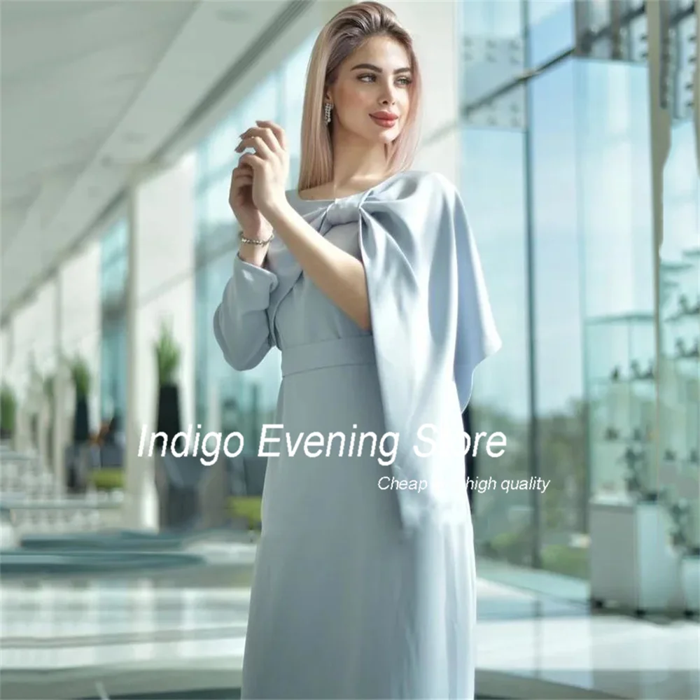 Indigo-Robes de Rhsirène à manches longues pour femmes, nœud en satin, col rond, ceinture plissée, longueur au rinçage, soirée élégante, quoi que ce soit pour les femmes, 2024