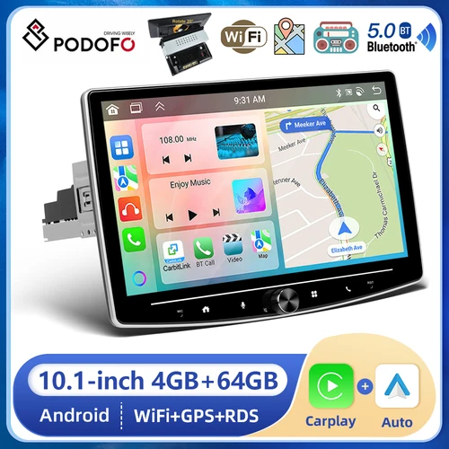 Imagen 1 del producto Podofo-Radio con GPS para coche, reproductor con Android, 1DIN, 10,1 pulgadas, pantalla giratoria Universal de 360 °, Carplay inalámbrico, Bluetooth, WIFI