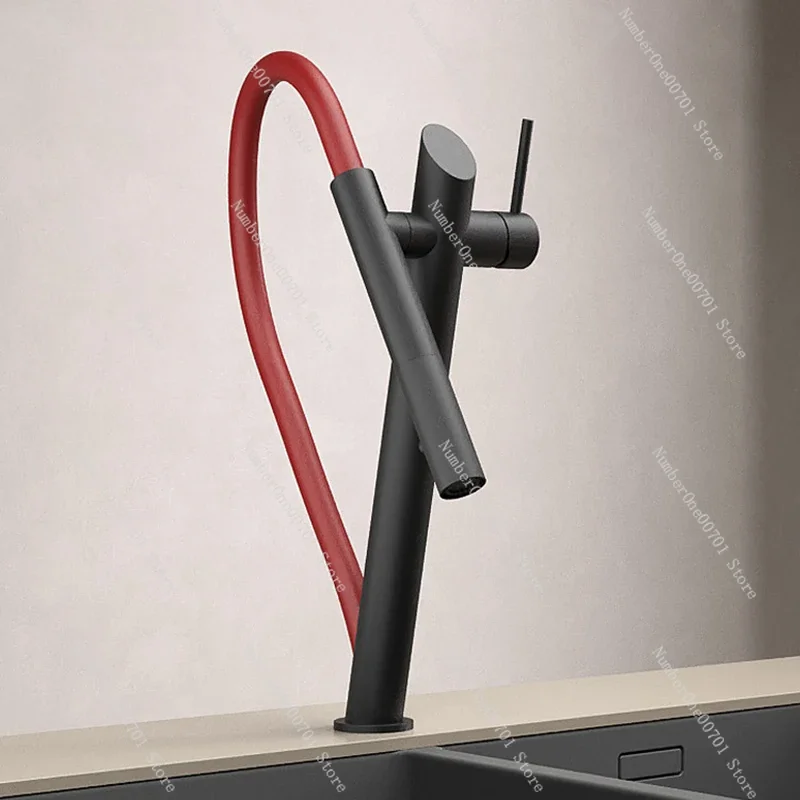 All copper black and red kitchen faucet pull-out hot and cold household sink magnetic suction western kitchen island faucet