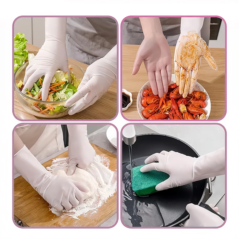 White disposable extra-long, extra-thick nitrile gloves, waterproof and oil-resistant, perfect for washing dishes and  cleaning