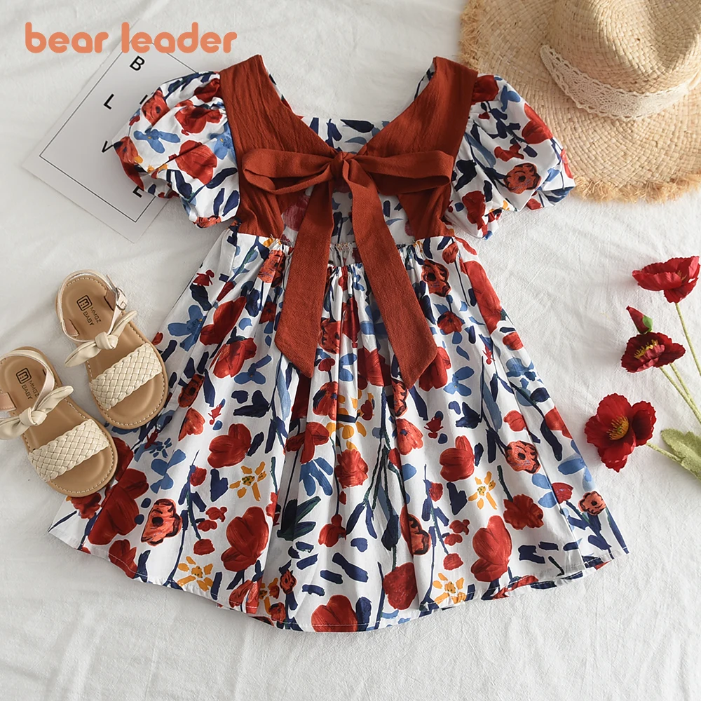 Bear Leader Girl Summer Dress Outfits 2023 New Girls Floral Princess Dress Backless Tie Bow Puff Sleeve Fashion Dress for 3-11 Y