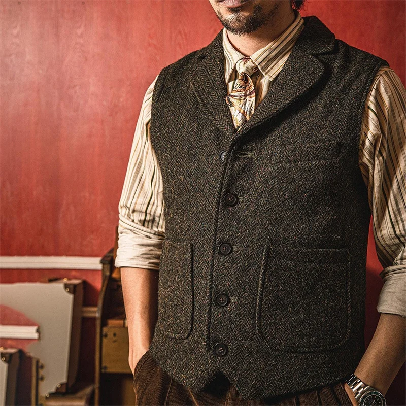 American-Style Vintage Woolen Vest, Heavy Tweed Wool, Herringbone Pattern, Amekaji Vest