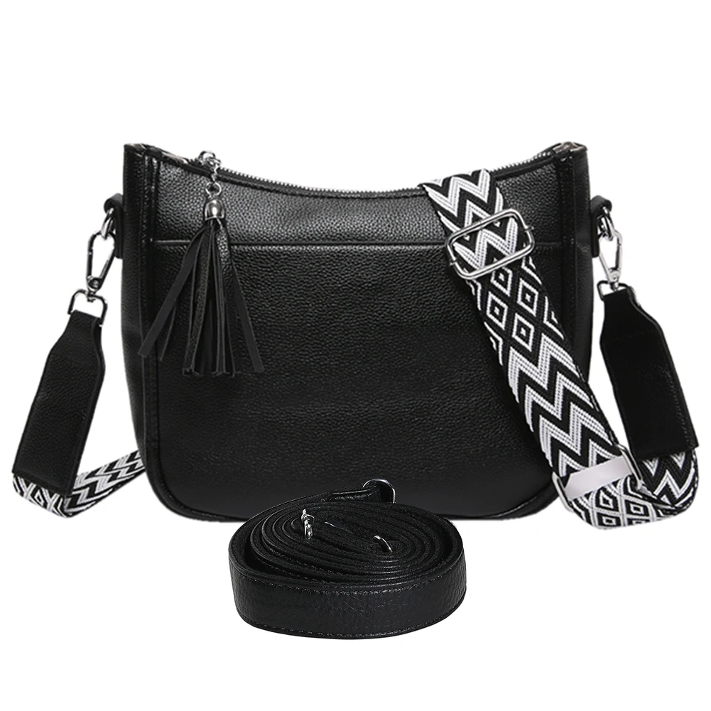 Bolsa crossbody de couro PU com alça larga para mulheres, bolsa designer da moda, bolsa mensageiro, bolsa borla, bolsa simples