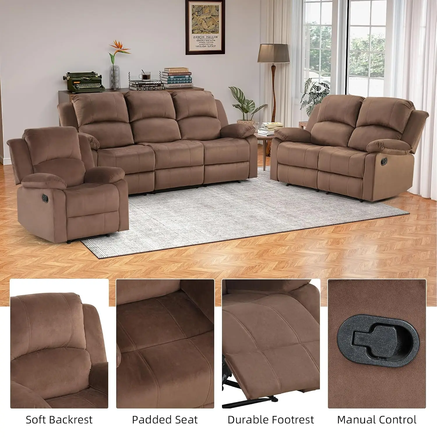 Manual Recliner Sofa Set, Microfiber Reclining Couch Furniture Set for Living Room, Includes 1 Recliner Chair, 1 Loveseat Sofa a