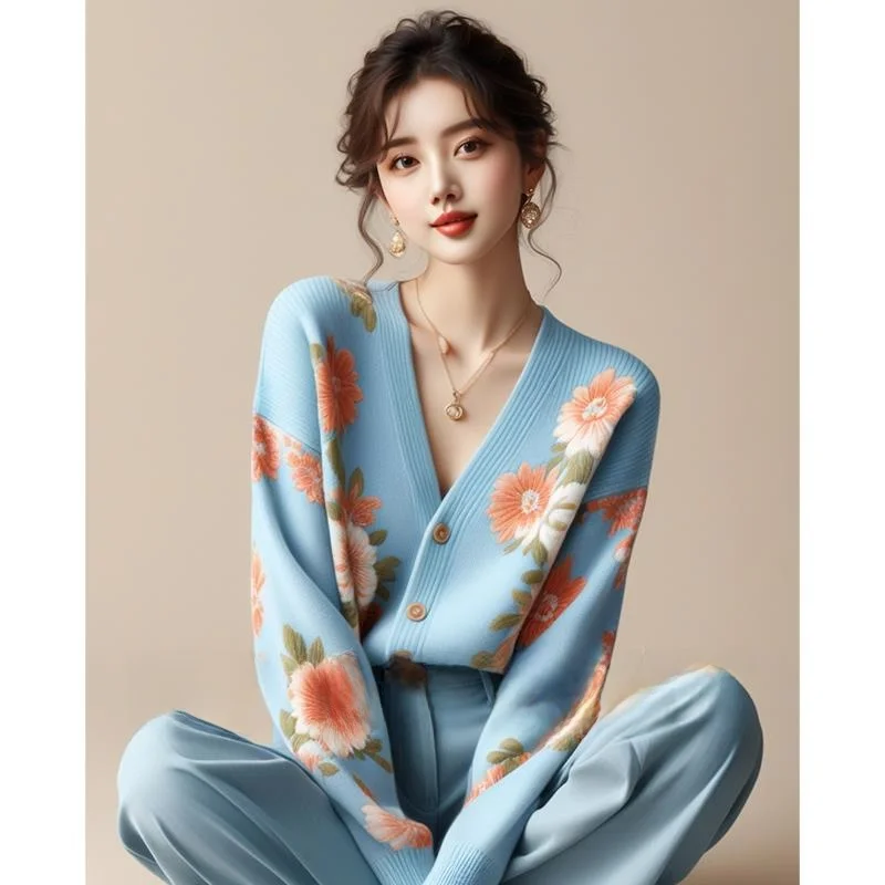 

Blue V-Ne Printed Knitwear Korean Sle Women's Faion Early Autumn New Arrival Casual Ele Korean Top Sweater