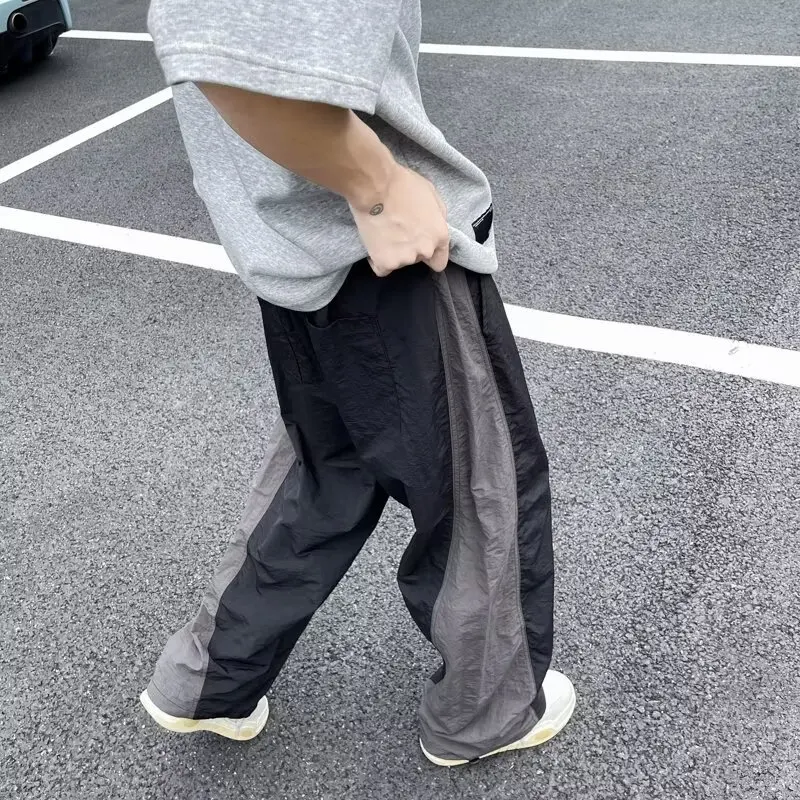 Colorblock السراويل المستقيمة الرجال بناطيل كاجوال مرونة الخصر سراويل للجري الجانب شريط البضائع السراويل الرجال الهيب هوب الشارع الشهير