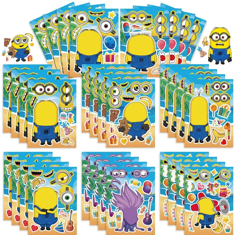 Miniso Despicable Me 8Pcs Minions Puzzle Stickers Cute Creative Face Changing Mobile Phone Luggage Stickers DIY Decoration