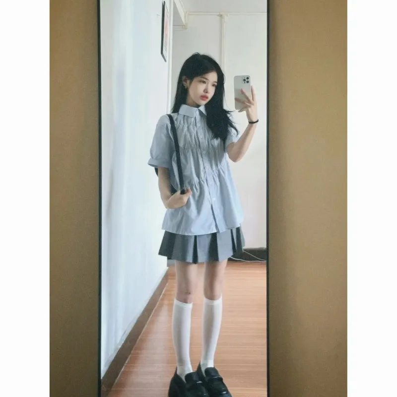 

Womens Preppy Style Ruched Short Sleeve Shirt Cute Milk Blue College Student Blouse