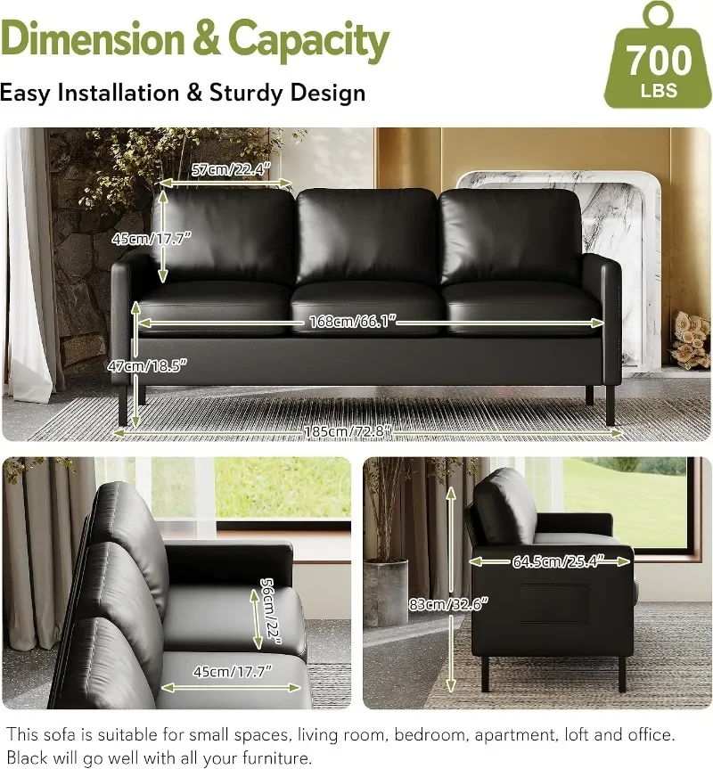 STHOUYN Faux Leather Black Sofa Seat Couch, Modern Comfy Couch with 2 USB, Small Couches for Living Room Apartment Bedroom Small